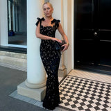 Robe longue en dentelle brodée avec nœuds