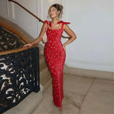 Robe longue en dentelle brodée avec nœuds